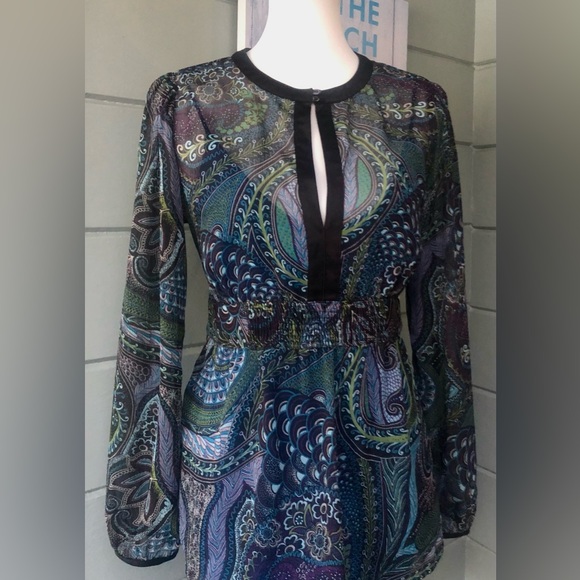 Colorful sheer long sleeve blouse plunging keyhole detail & smock waist w/ tie. - Picture 3 of 12